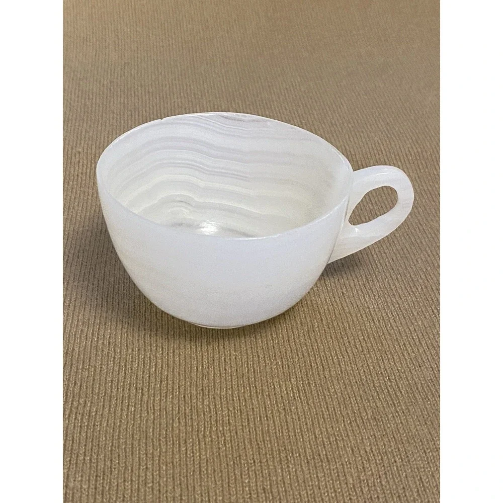 Rare VNTG Hand Crafted/Carved White Banded Onyx Stone Tea Cup 4 Oz Capacity